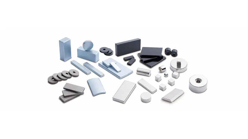 Collection of strong neodymium magnets in various shapes and sizes, ranging from N35 to N52 grades.