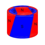 Neodymium magnet with multi-pole skewed magnetization, featuring an angled arrangement of magnetic poles for specialized magnetic field orientation.