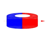 Ring-shaped neodymium magnet with single pole magnetization through the diameter, illustrating magnetic orientation along the circular axis.