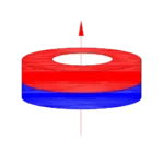 Ring-shaped neodymium magnet with single pole magnetization through the thickness, highlighting the magnetic field concentrated on the inner and outer surfaces.