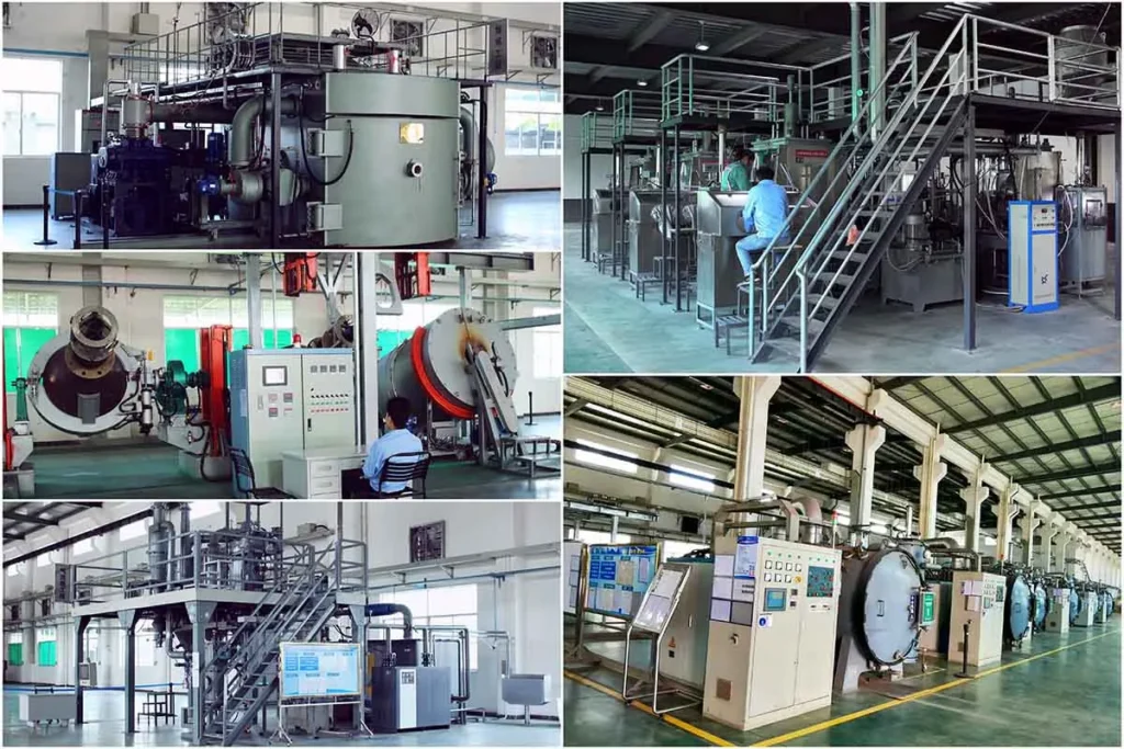 Sintering process for neodymium magnets, depicting the high-temperature furnace and the stages of magnet formation.