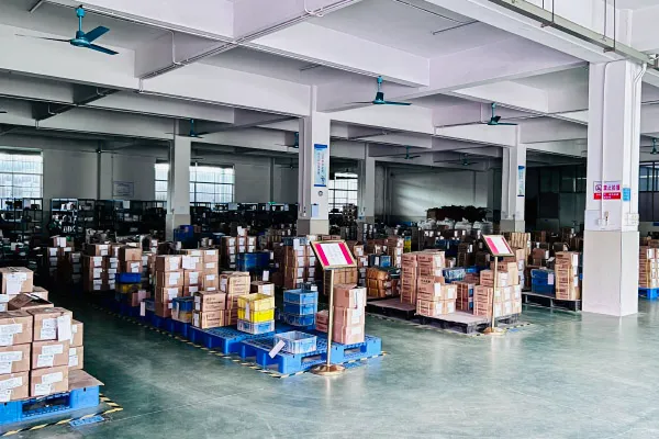 Warehouse at JiaDa for finished magnets, organized with shelves and containers for efficient storage and inventory management.